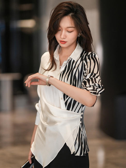 法式白色斑马纹衬衫女夏季薄款设计感长袖衬衣2022新款上衣 商品图4