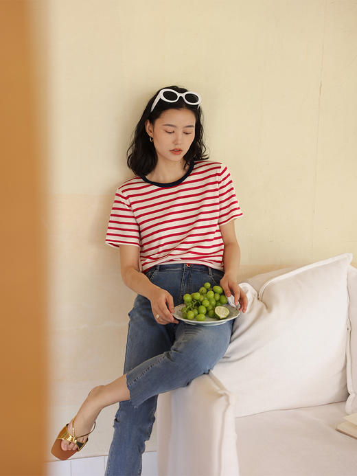 HeyDress法式条纹短袖t恤女夏季新款圆领海魂衫百搭针织半袖上衣 商品图5