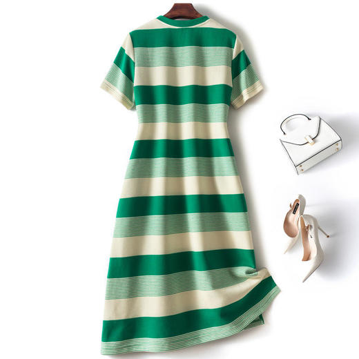 OLSZ 85576 气质高腰圆领短袖中长款条纹刺绣连衣裙 商品图0