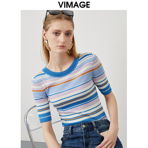 VIMAGE/纬漫纪新品撞色条纹显瘦上衣VC2201002 商品图3