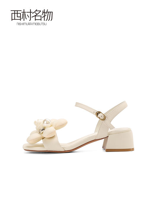 西村名物2022夏季一字带露趾方头女仙女风珍珠花朵气质凉鞋T22BG25021 商品图2