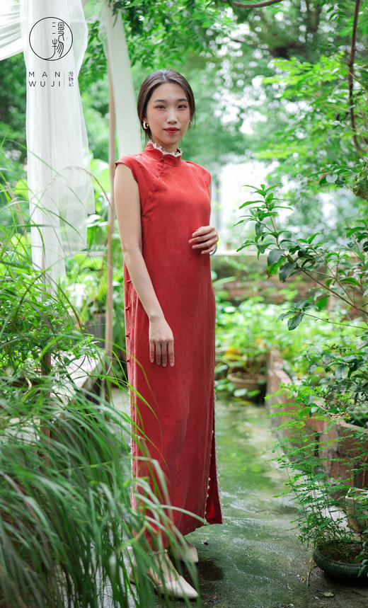 铜氨丝【石榴裙】荷叶边无袖旗袍 商品图1