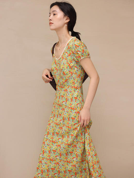 HeyDress法式复古碎花连衣裙女夏季高腰显瘦U领蕾丝边气质裙子 商品图2