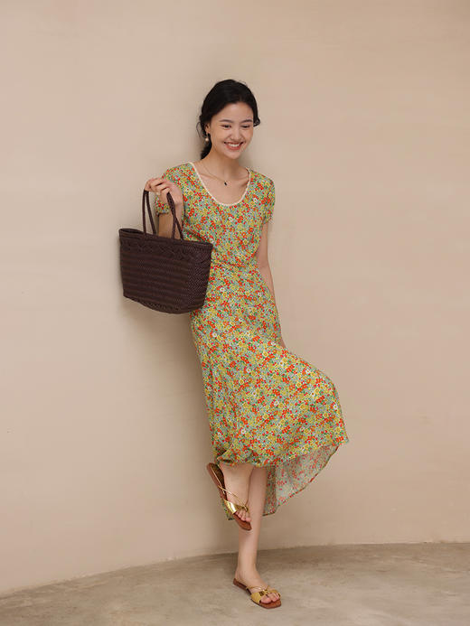 HeyDress法式复古碎花连衣裙女夏季高腰显瘦U领蕾丝边气质裙子 商品图3