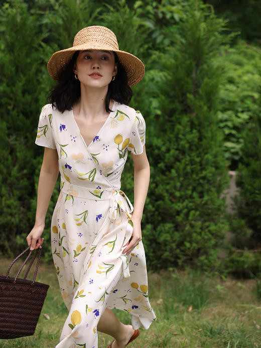 HeyDress原创柠檬碎花裹身连衣裙女夏季法式V领高腰气质茶歇裙子 商品图3