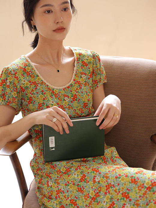 HeyDress法式复古碎花连衣裙女夏季高腰显瘦U领蕾丝边气质裙子 商品图0