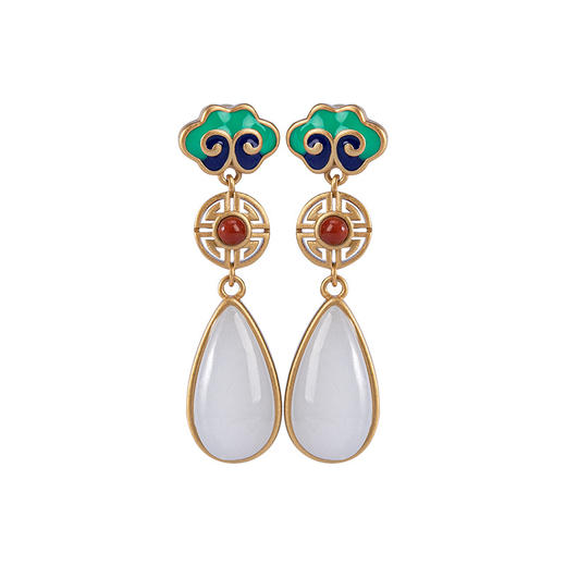 S925纯银珐琅景泰蓝镀金和田玉白玉如意气质耳钉耳坠CW 商品图4