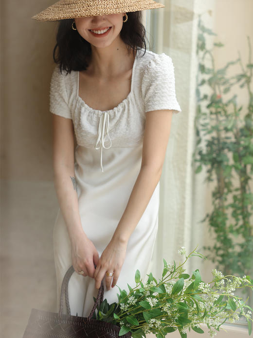 HeyDress方领连衣裙女夏季拼接设计感缎面白色气质小众裙子 商品图4