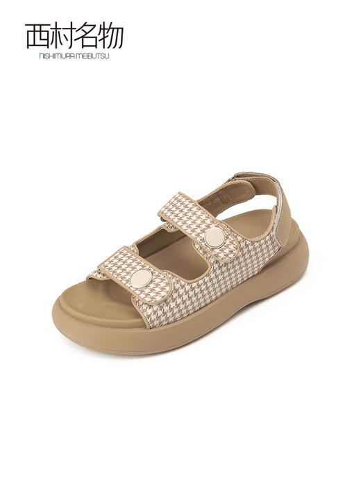 西村名物2022夏季厚底休闲运动凉鞋魔术贴潮流千鸟格沙滩鞋T22BG25121 商品图3