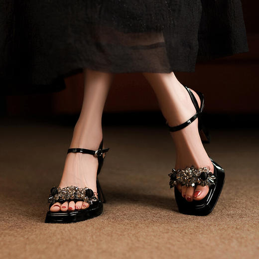 黑色水钻花朵防水台高跟厚底时装女鞋 OLZ847 商品图2