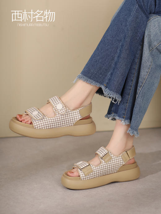 西村名物2022夏季厚底休闲运动凉鞋魔术贴潮流千鸟格沙滩鞋T22BG25121 商品图1