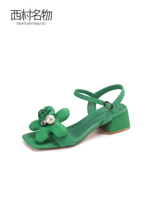 西村名物2022夏季一字带露趾方头女仙女风珍珠花朵气质凉鞋T22BG25021 商品图3