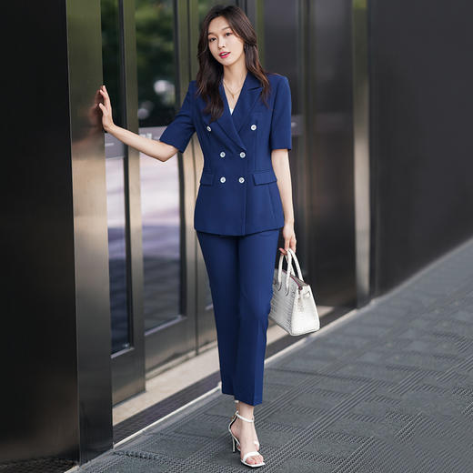 夏季薄款西装套装女藏蓝色高级感气质干练面试正装职业西服 商品图0