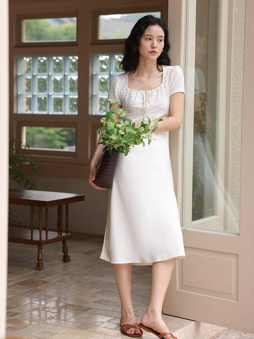 HeyDress方领连衣裙女夏季拼接设计感缎面白色气质小众裙子 商品图3