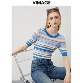 VIMAGE/纬漫纪新品撞色条纹显瘦上衣VC2201002