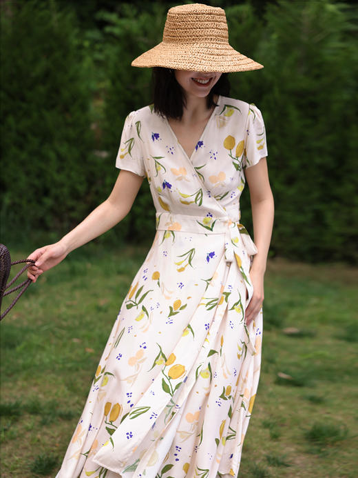 HeyDress原创柠檬碎花裹身连衣裙女夏季法式V领高腰气质茶歇裙子 商品图1