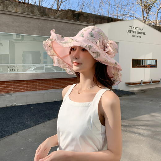 QM-QM0000707（xfy）沙滩遮阳帽子女 波浪边大檐太阳帽 花朵渔夫帽夏季出游大沿帽 商品图5
