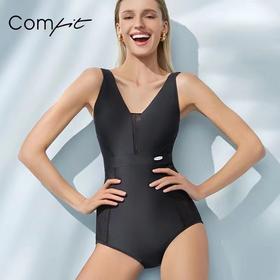 安莉芳comfit连体泳衣V领性感高腰显瘦蕾丝拼接带杯泳装CS00012