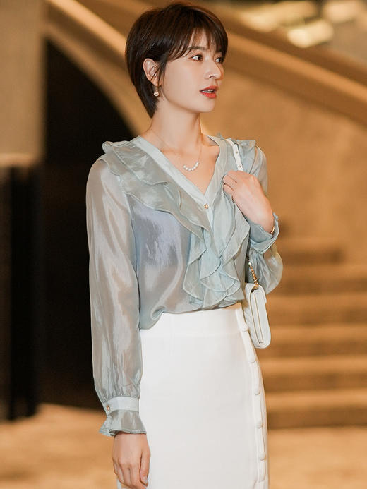 青色荷叶边衬衫女2022夏季新款设计感小众衬衣气质V领上衣 商品图3