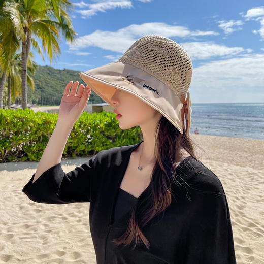 QM-QM000706(xfy)夏季沙滩帽 大檐蝴蝶结遮阳帽镂空渔夫帽子户外盆帽太阳帽女 商品图4