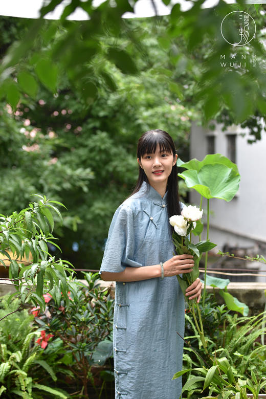 雾霾蓝荷叶袖丝棉旗袍 商品图4