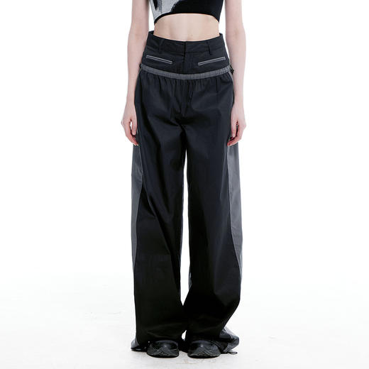 NUTH'失重' 拼色假两层设计薄款宽松显瘦阔腿裤休闲直筒运动长裤 商品图0