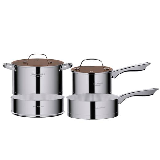 迈卡罗银钻系列 304不锈钢 四件套汤锅 奶锅 煎锅 蒸笼 双镜面 茶色玻璃盖 商品图9