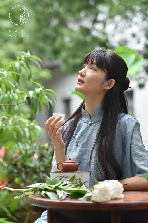 雾霾蓝荷叶袖丝棉旗袍 商品图2