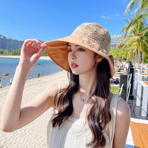 QM-QM000706(xfy)夏季沙滩帽 大檐蝴蝶结遮阳帽镂空渔夫帽子户外盆帽太阳帽女 商品图2