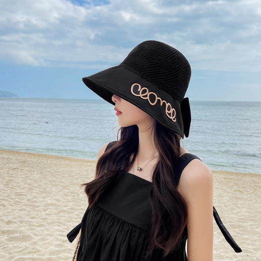 QM-QM000706(xfy)夏季沙滩帽 大檐蝴蝶结遮阳帽镂空渔夫帽子户外盆帽太阳帽女 商品图1