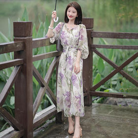 高端桑蚕丝修身碎花茶歇裙，夏季新款可甜可盐连衣裙RT- D22OJ557-2-10