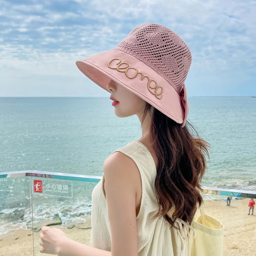 QM-QM000706(xfy)夏季沙滩帽 大檐蝴蝶结遮阳帽镂空渔夫帽子户外盆帽太阳帽女 商品图3