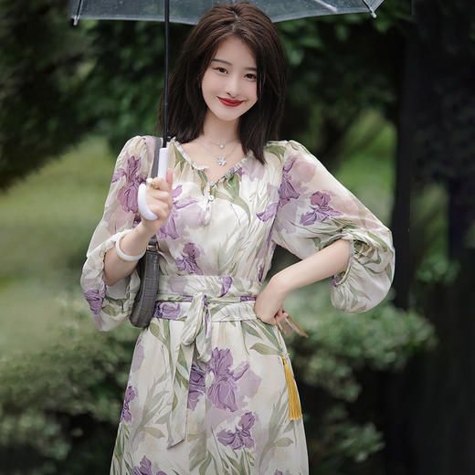 高端桑蚕丝修身碎花茶歇裙，夏季新款可甜可盐连衣裙RT- D22OJ557-2-10 商品图3