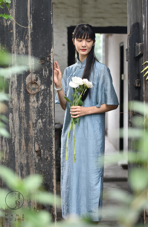 雾霾蓝荷叶袖丝棉旗袍 商品图6