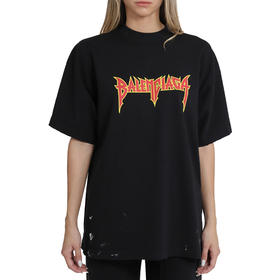 BALENCIAGA 巴黎世家 女士棉质字母徽标印花复古针织大廓形金属圆领短袖T恤 黑色 694576 TMV88 0105