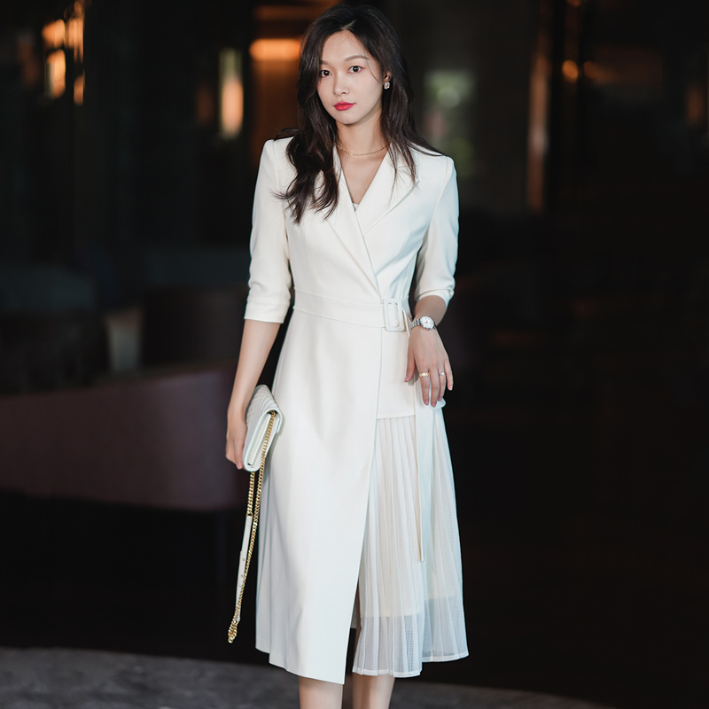 法式西装连衣裙女春夏职业装气质女神范通勤收腰显瘦百褶裙