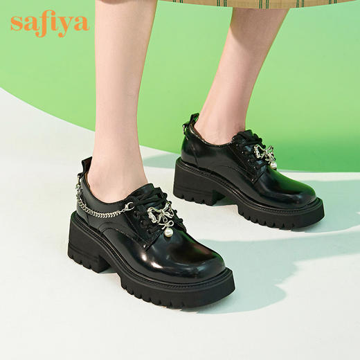 Safiya索菲娅玩趣蝴蝶结链条高跟乐福鞋2022秋款可拆卸扣饰轻盈粗跟深口鞋SF23112015【原创IP款】 商品图6