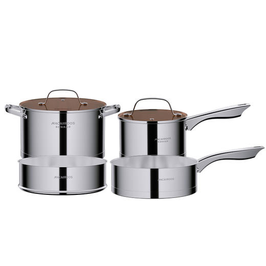 迈卡罗银钻系列 304不锈钢 四件套汤锅 奶锅 煎锅 蒸笼 双镜面 茶色玻璃盖 商品图8