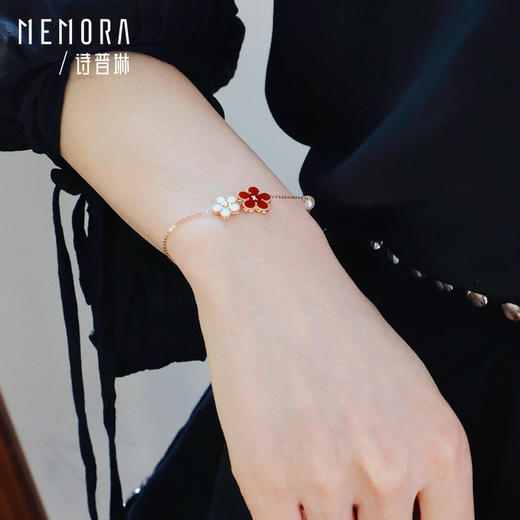 MEMORA诗普琳勿忘我玫瑰色18K金贝母珍珠钻石双花手链KB224201 商品图2