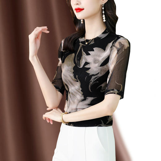 KQLE249N1567 2022夏季新款现货网纱印花T恤弹力修身显瘦上衣短袖打底衫 商品图1