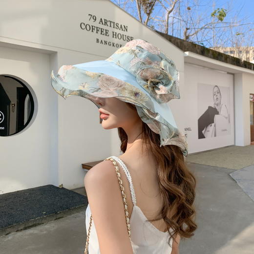 QM-QM0000707（xfy）沙滩遮阳帽子女 波浪边大檐太阳帽 花朵渔夫帽夏季出游大沿帽 商品图3