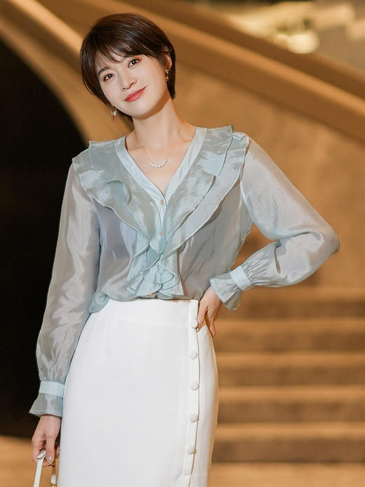 青色荷叶边衬衫女2022夏季新款设计感小众衬衣气质V领上衣 商品图1