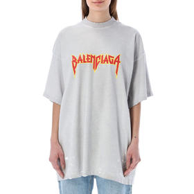 BALENCIAGA 巴黎世家 女士棉质字母徽标印花复古针织大廓形金属圆领短袖T恤 浅灰色 694576 TMV88 0901
