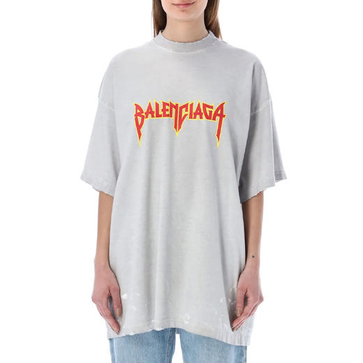 BALENCIAGA 巴黎世家 女士棉质字母徽标印花复古针织大廓形金属圆领短袖T恤 浅灰色 694576 TMV88 0901 商品图0