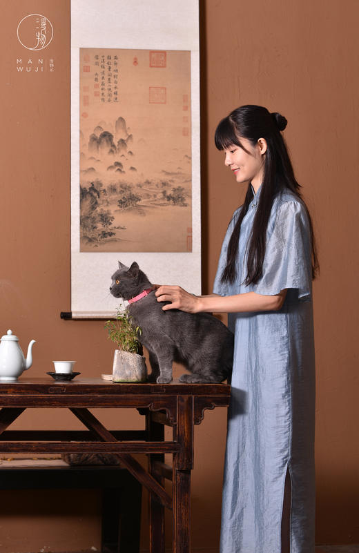 雾霾蓝荷叶袖丝棉旗袍 商品图7