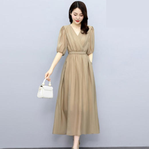 连衣裙女夏季2022新款收腰修身显瘦气质洋气法式泡泡袖惊艳长裙子 YX8608 商品图0