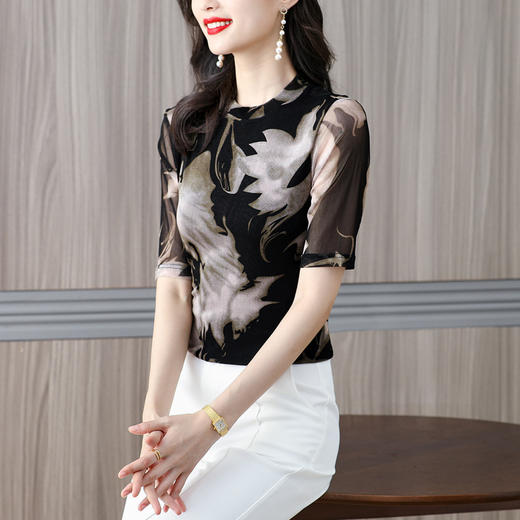 KQLE249N1567 2022夏季新款现货网纱印花T恤弹力修身显瘦上衣短袖打底衫 商品图4