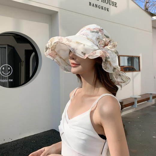 QM-QM0000707（xfy）沙滩遮阳帽子女 波浪边大檐太阳帽 花朵渔夫帽夏季出游大沿帽 商品图0