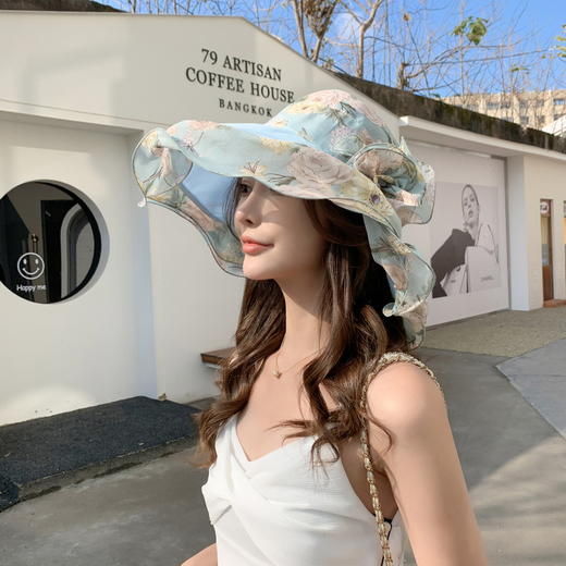 QM-QM0000707（xfy）沙滩遮阳帽子女 波浪边大檐太阳帽 花朵渔夫帽夏季出游大沿帽 商品图4