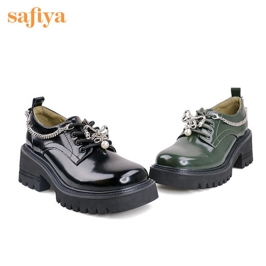 Safiya索菲娅玩趣蝴蝶结链条高跟乐福鞋2022秋款可拆卸扣饰轻盈粗跟深口鞋SF23112015【原创IP款】 商品图9